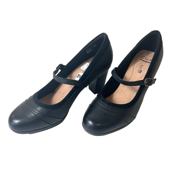 Clarks Womens 9.5W Classic Mary Jane Pump Black Leather Heel Comfort Casual Shoe - Picture 2 of 11